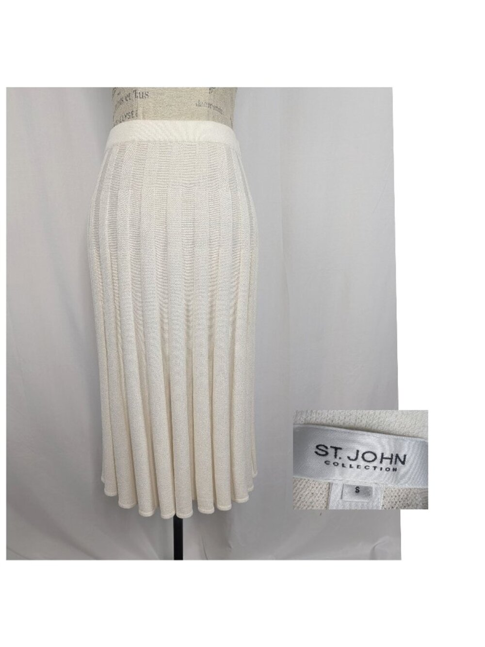 St. John White Knit Skirt Medium 8 Santana Midi Pleated Cream